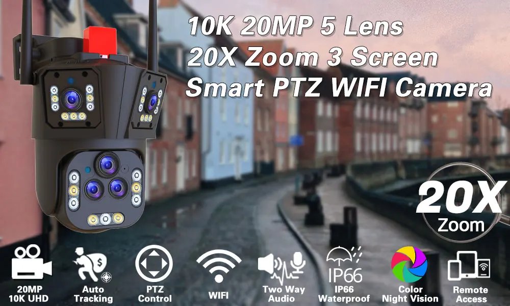الترا 20MP 10K واي فاي كاميرا مراقبة في الهواء الطلق خمسة عدسة كاميرا PTZ 20X التكبير المنزل الذكي AI الإنسان تتبع كاميرا CCTV لاسلكية الترا 20MP 10K واي فاي كاميرا مراقبة في الهواء الطلق خمسة عدسة كاميرا PTZ 20X التكبير المنزل الذكي AI الإنسان تتبع كاميرا CCTV لاسلكية