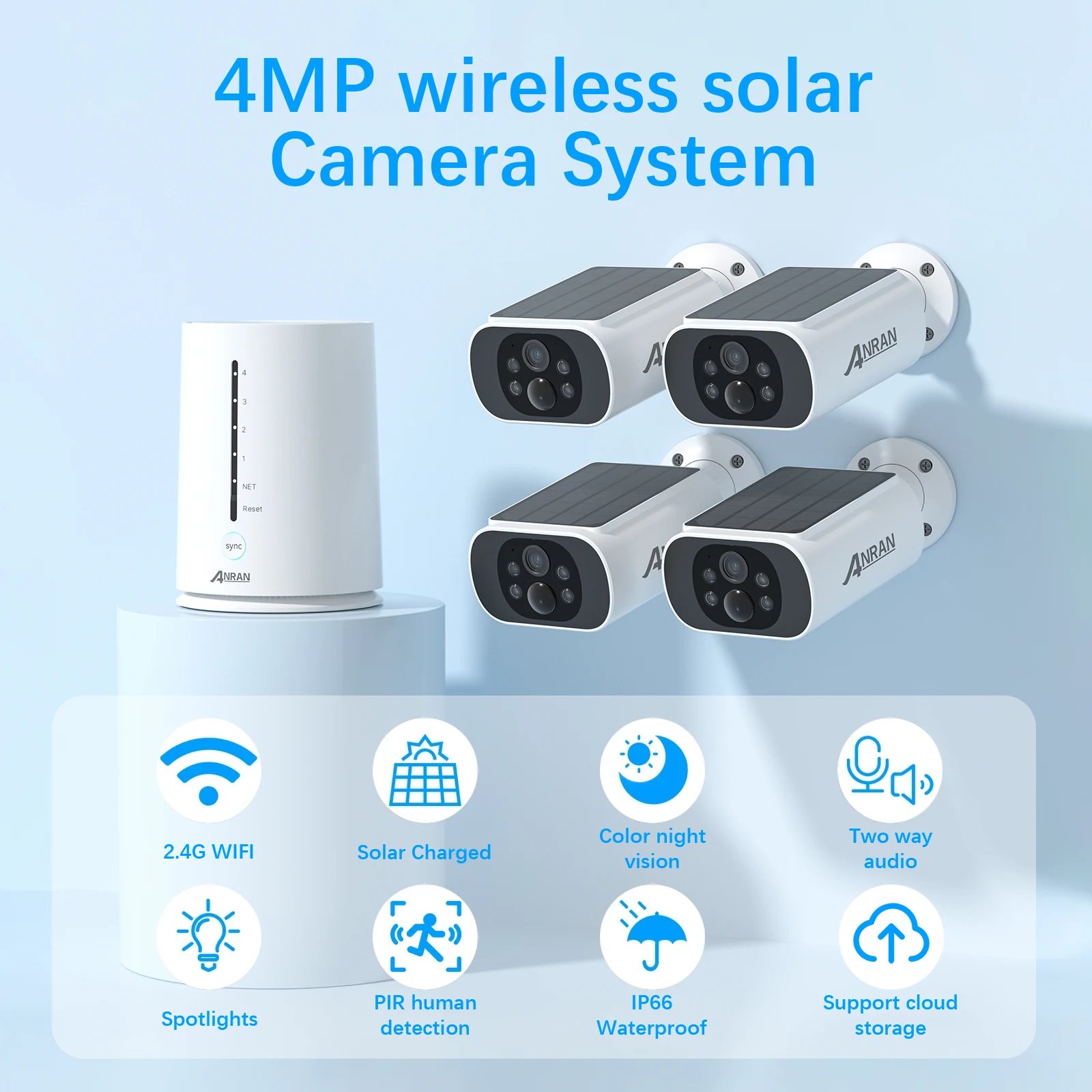 ANRAN 4MP واي فاي البطارية الشمسية مجموعة الكاميرا نظام المراقبة الأمنية كشف الإنسان صفارة الإنذار إنذار في الهواء الطلق مجموعة كاميرا لا سلكية