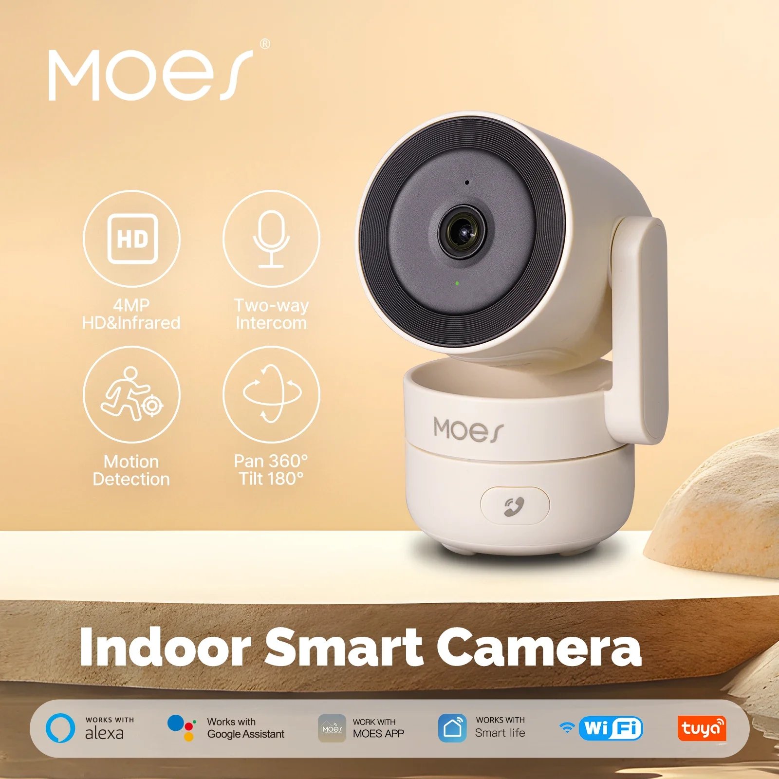 MOESTuya WiFi داخلي عموم/إمالة كاميرا أمان ذكية 4MP HD الأشعة تحت الحمراء للرؤية الليلية كشف الحركة رصد دورية بانورامية