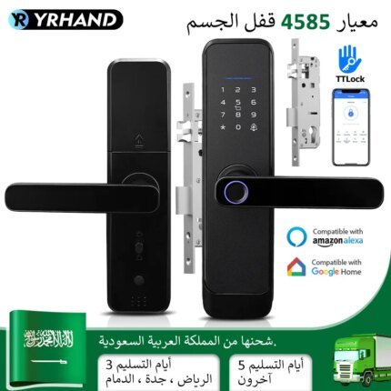 من SA Matt Black Fingerprint TTLock App يعمل بلوتوث مع Google home Aleax Security Digital Electronic Smart Lock للمنزل