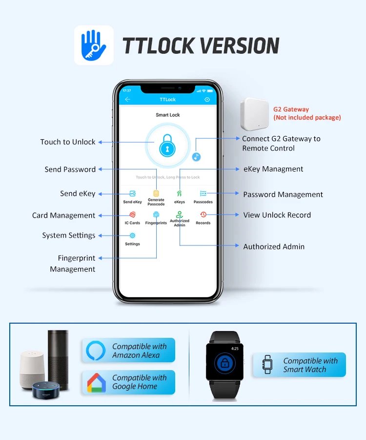 قفل بصمة الإصبع مقاوم للماء تويا واي فاي التحكم عن بعد بلوتوث TTLock بطاقة التطبيق رمز رقمي قفل الباب الذكي الإلكتروني بدون مفتاح