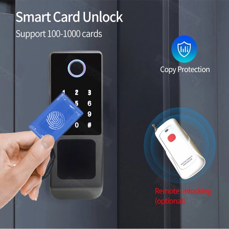 قفل بصمة الإصبع مقاوم للماء تويا واي فاي التحكم عن بعد بلوتوث TTLock بطاقة التطبيق رمز رقمي قفل الباب الذكي الإلكتروني بدون مفتاح
