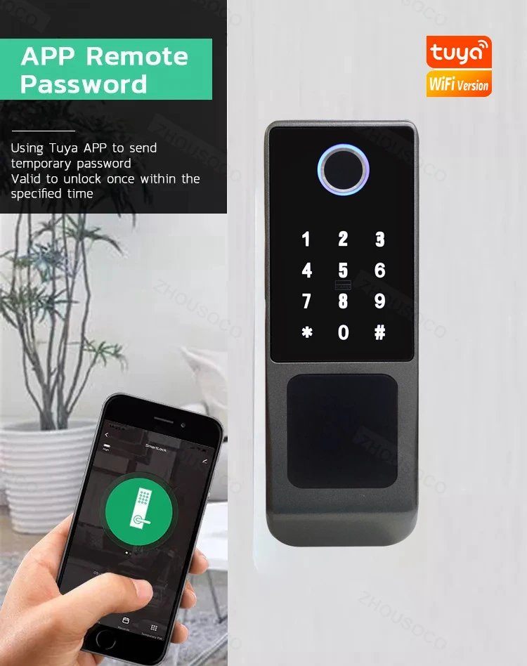 قفل بصمة الإصبع مقاوم للماء تويا واي فاي التحكم عن بعد بلوتوث TTLock بطاقة التطبيق رمز رقمي قفل الباب الذكي الإلكتروني بدون مفتاح