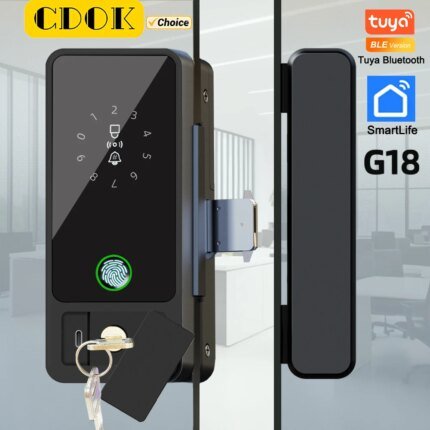 قفل ذكي للباب الزجاجي CDOK G18 Tuya Bluetooth، فتح متعدد الحركية، مناسب لباب زجاجي للمكتب/الفناء