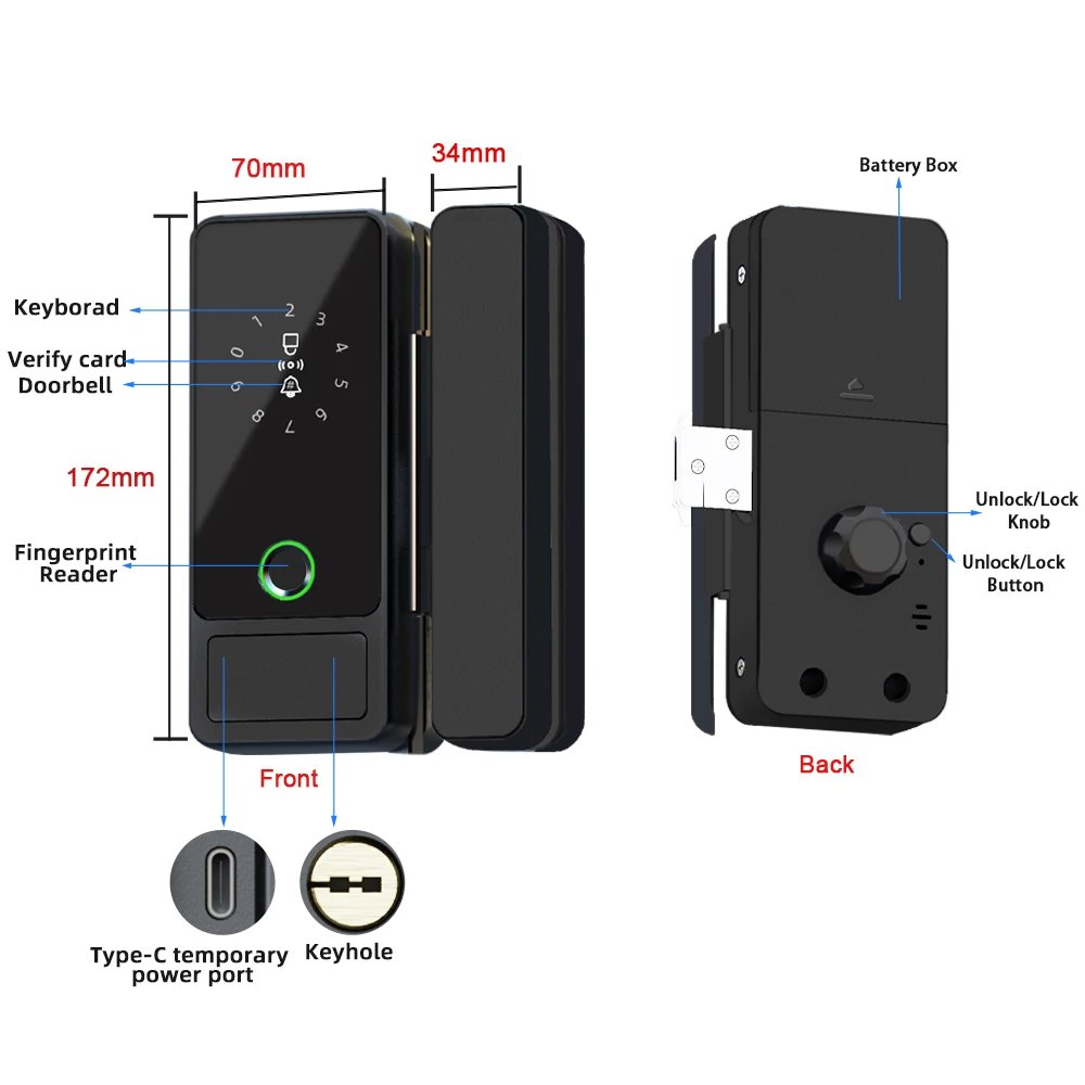قفل ذكي للباب الزجاجي CDOK G18 Tuya Bluetooth، فتح متعدد الحركية، مناسب لباب زجاجي للمكتب/الفناء