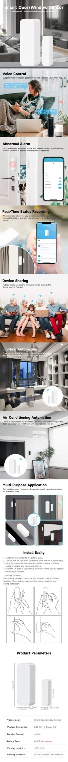 Tuya WiFi/Zigbee مستشعر الباب نافذة الاستشعار المنزل الذكي كاشف الباب اللاسلكي نظام إنذار مفتوح/مغلق لـ Alexa Google