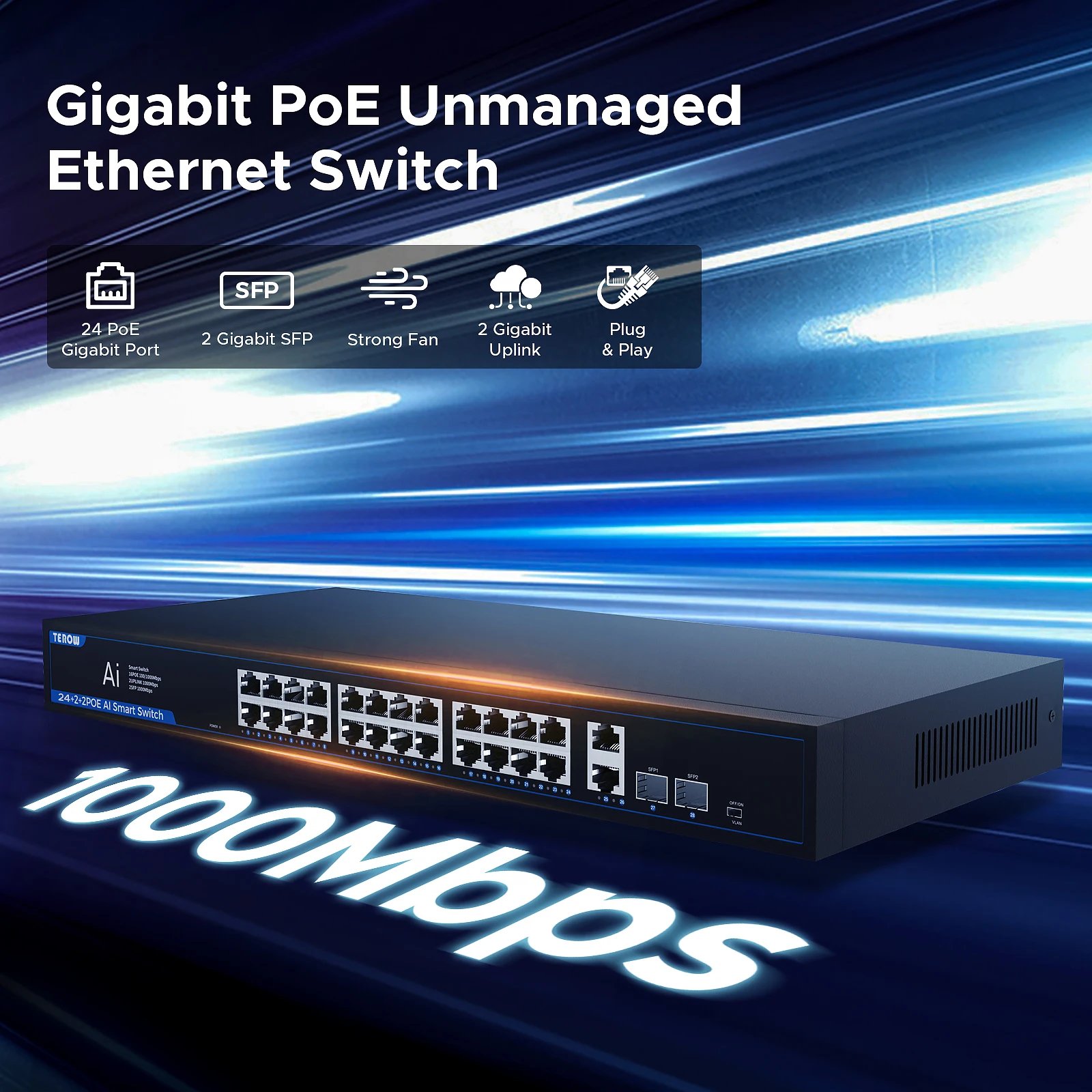 TEROW 24 منفذ جيجابت POE التبديل 1000Mbps إيثرنت التبديل شبكة الفاصل 52 فولت 320 واط IEEE 802.3AT/AF POE التبديل لجهاز توجيه واي فاي