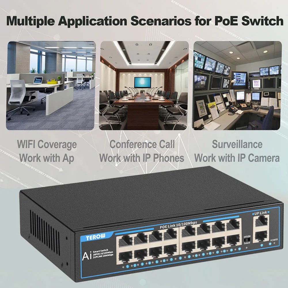 TEROW POE التبديل 16 ميناء 100Mbps إيثرنت سريع التبديل شبكة التبديل IEEE 802.3 af/at للكاميرا IP/نظام الكاميرا/AP اللاسلكية