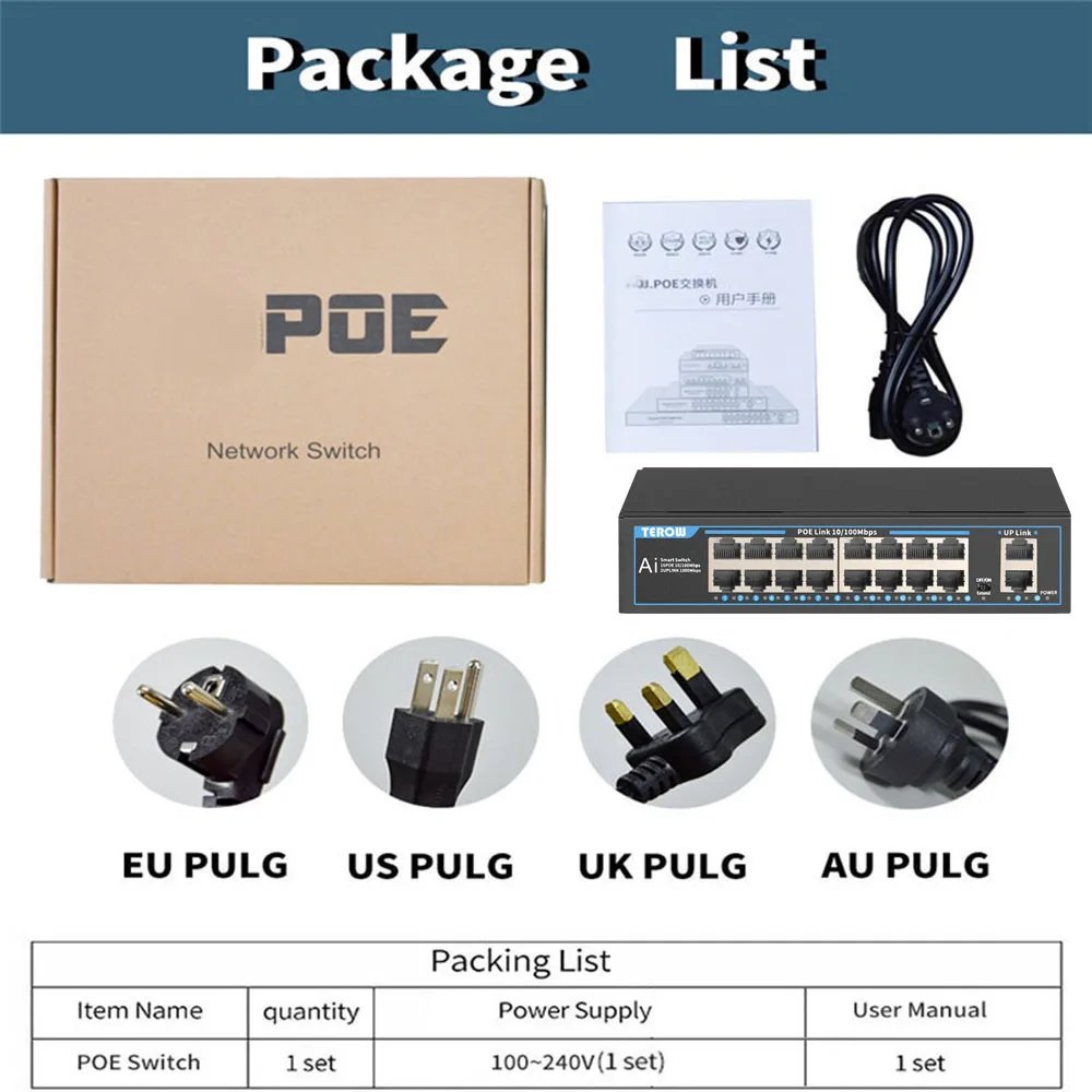 TEROW POE التبديل 16 ميناء 100Mbps إيثرنت سريع التبديل شبكة التبديل IEEE 802.3 af/at للكاميرا IP/نظام الكاميرا/AP اللاسلكية