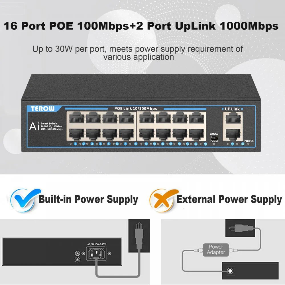 TEROW POE التبديل 16 ميناء 100Mbps إيثرنت سريع التبديل شبكة التبديل IEEE 802.3 af/at للكاميرا IP/نظام الكاميرا/AP اللاسلكية