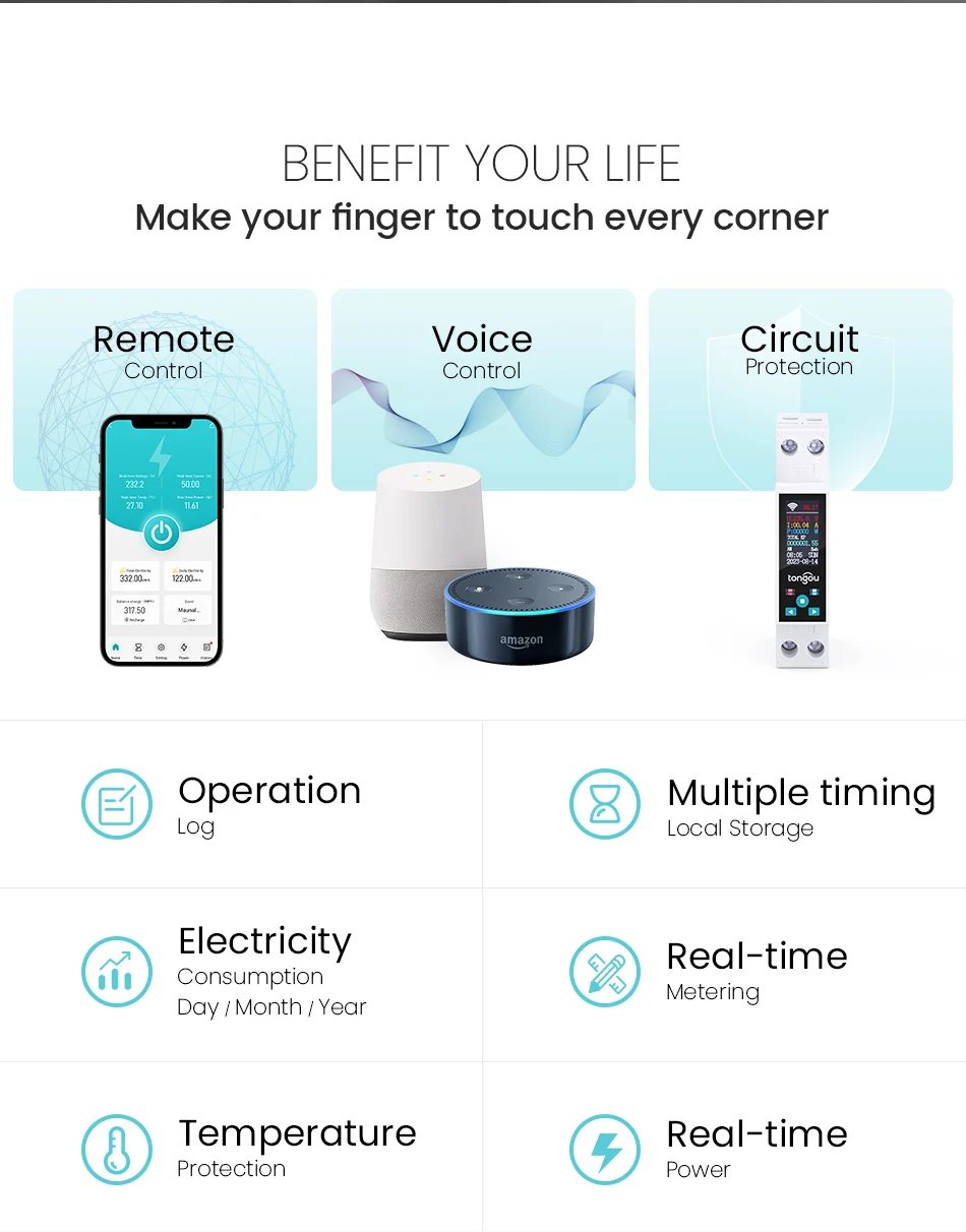 1P 50A Tuya WIFI مفتاح ذكي قطاع دارة LED مقياس الطاقة كيلوواط ساعة قياس الطاقة الموقت التتابع التحكم عن بعد الحياة الذكية APP