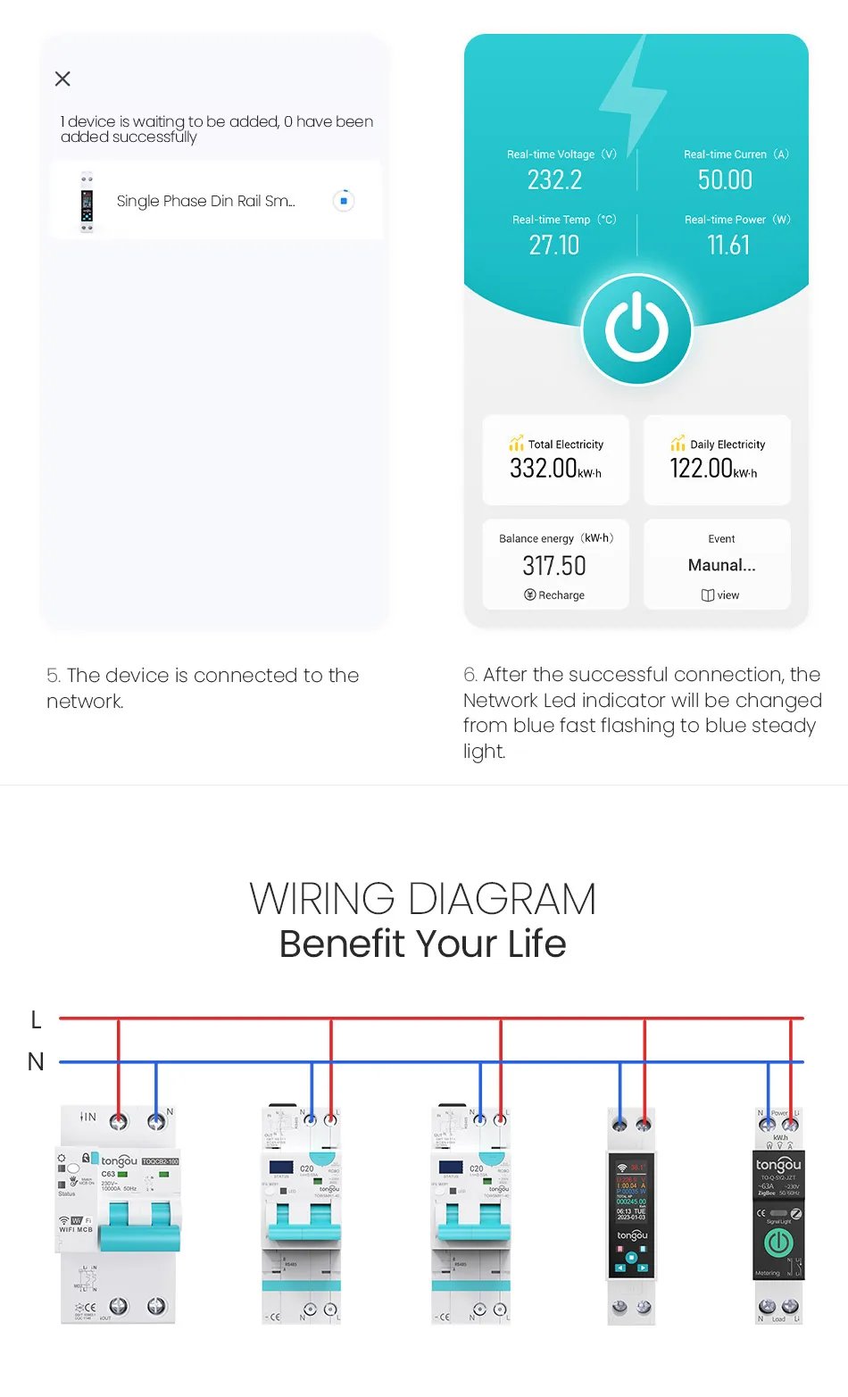 1P 50A Tuya WIFI مفتاح ذكي قطاع دارة LED مقياس الطاقة كيلوواط ساعة قياس الطاقة الموقت التتابع التحكم عن بعد الحياة الذكية APP