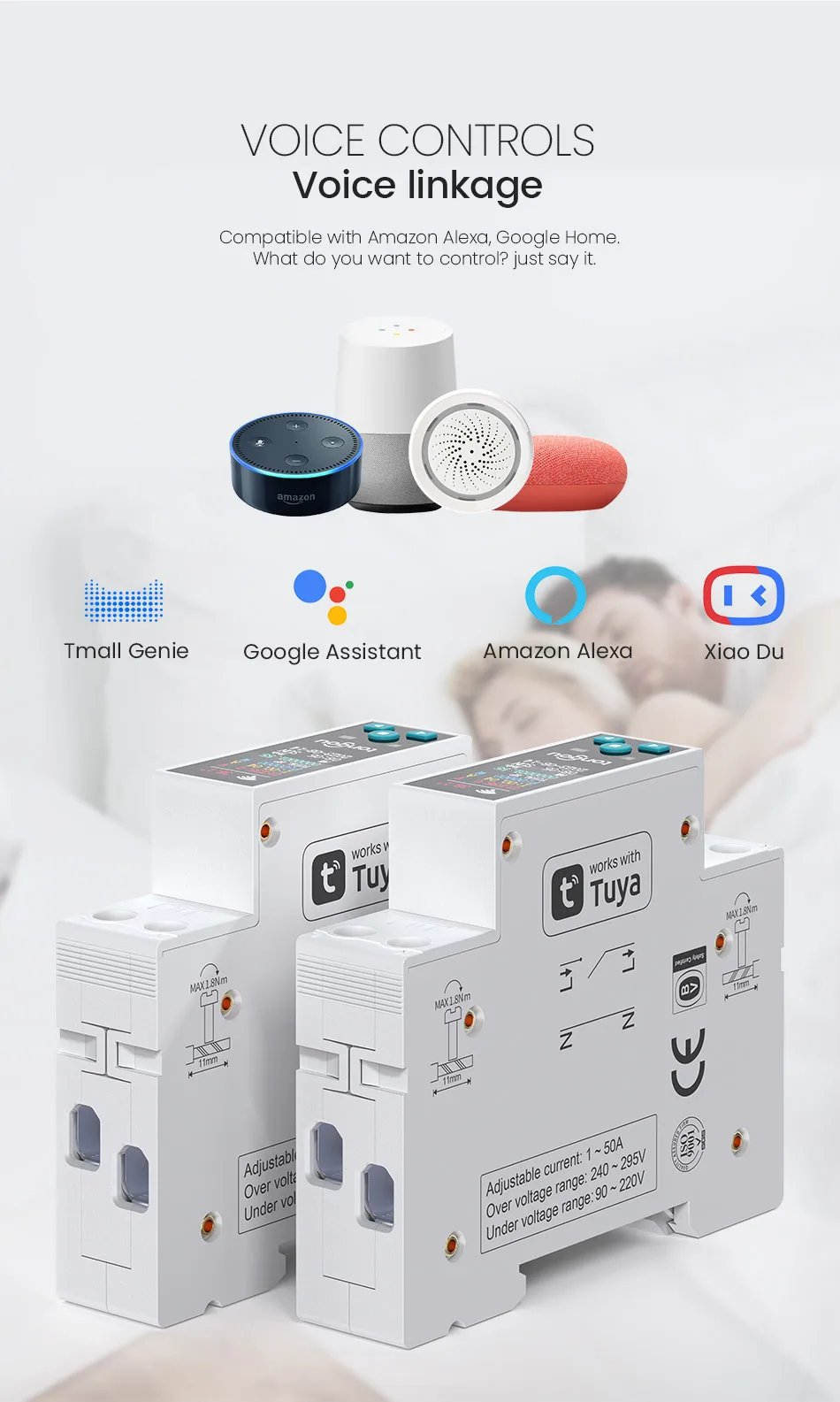 1P 50A Tuya WIFI مفتاح ذكي قطاع دارة LED مقياس الطاقة كيلوواط ساعة قياس الطاقة الموقت التتابع التحكم عن بعد الحياة الذكية APP