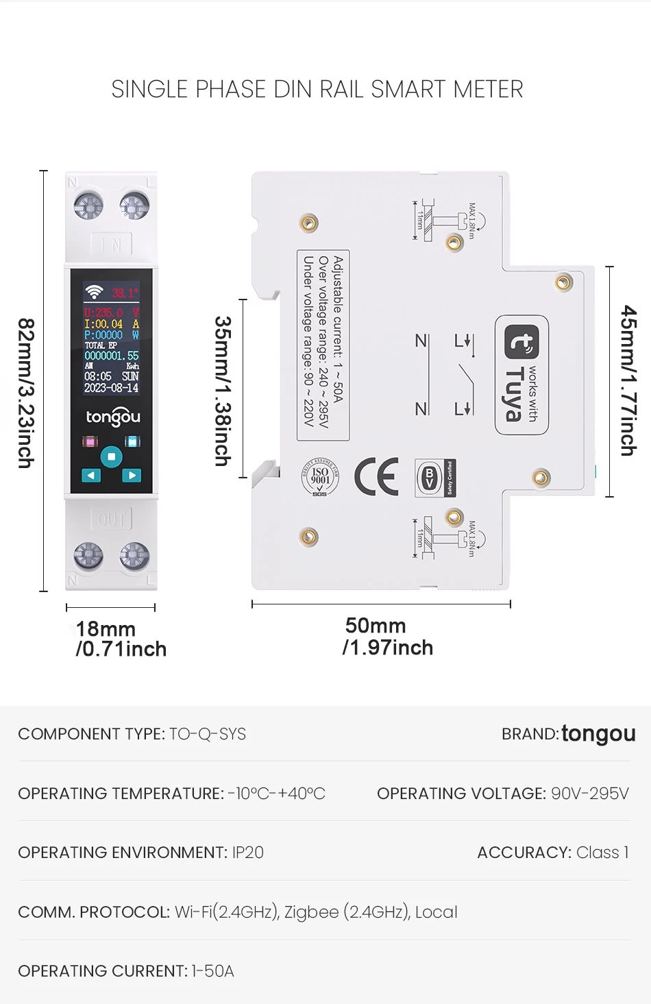 1P 50A Tuya WIFI مفتاح ذكي قطاع دارة LED مقياس الطاقة كيلوواط ساعة قياس الطاقة الموقت التتابع التحكم عن بعد الحياة الذكية APP