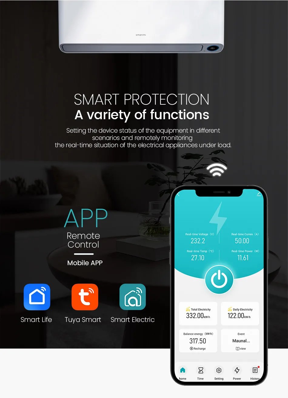 1P 50A Tuya WIFI مفتاح ذكي قطاع دارة LED مقياس الطاقة كيلوواط ساعة قياس الطاقة الموقت التتابع التحكم عن بعد الحياة الذكية APP
