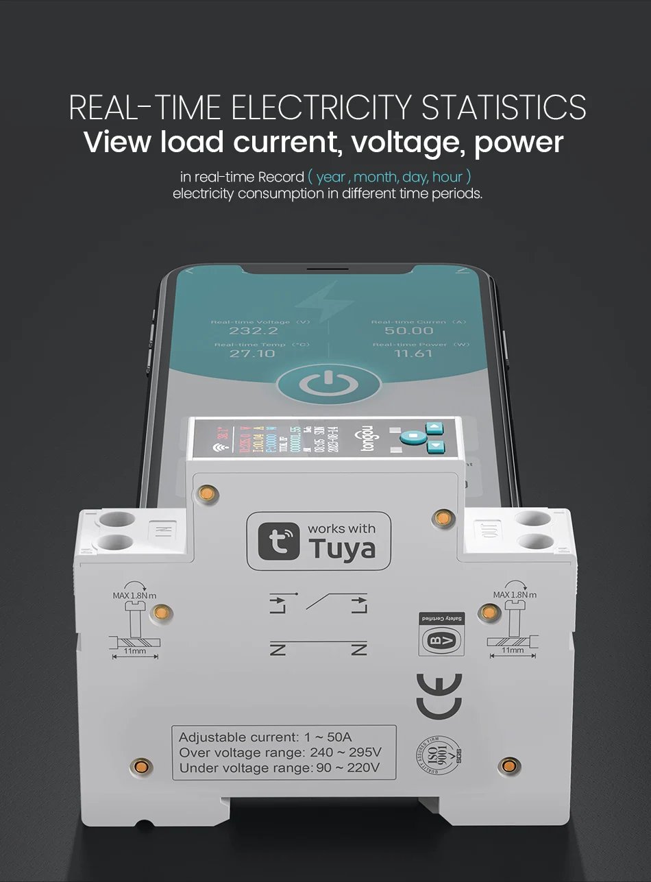 1P 50A Tuya WIFI مفتاح ذكي قطاع دارة LED مقياس الطاقة كيلوواط ساعة قياس الطاقة الموقت التتابع التحكم عن بعد الحياة الذكية APP