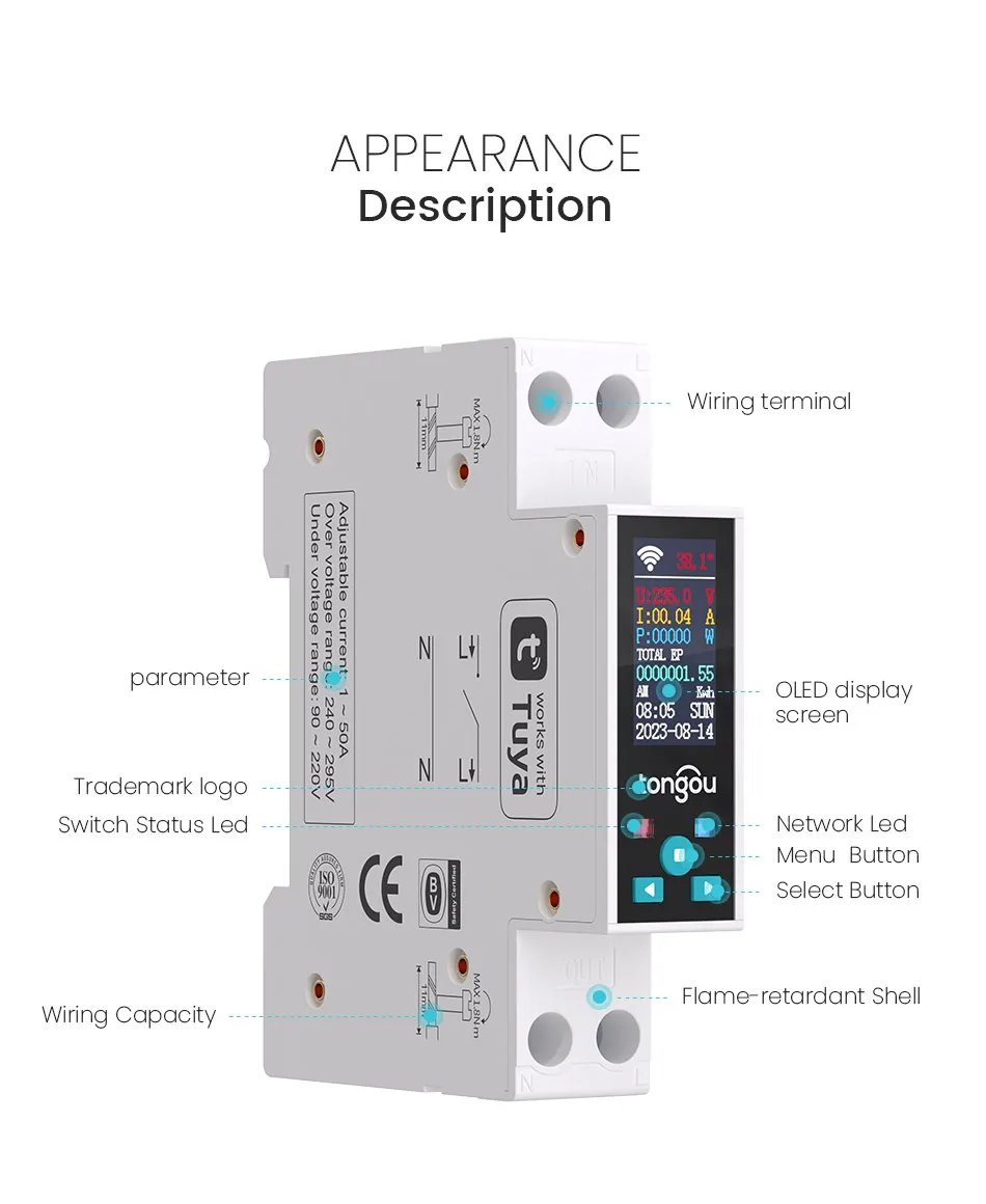 1P 50A Tuya WIFI مفتاح ذكي قطاع دارة LED مقياس الطاقة كيلوواط ساعة قياس الطاقة الموقت التتابع التحكم عن بعد الحياة الذكية APP