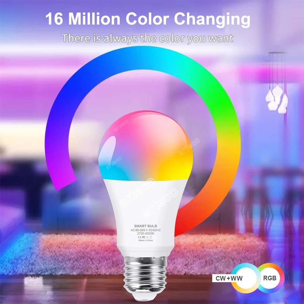 Tuya WiFi بلوتوث الذكية Led مصابيح كهربائية E27 15 واط اليكسا Led مصباح RGB CCT التيار المتناوب 85-265 فولت الحياة الذكية App التحكم صوت جوجل مساعد